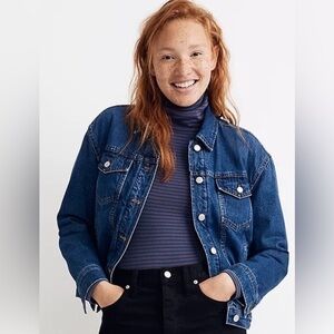 Madewell Blue Boxy Crop Jean Jacket With Plaid Quilted Liner XL